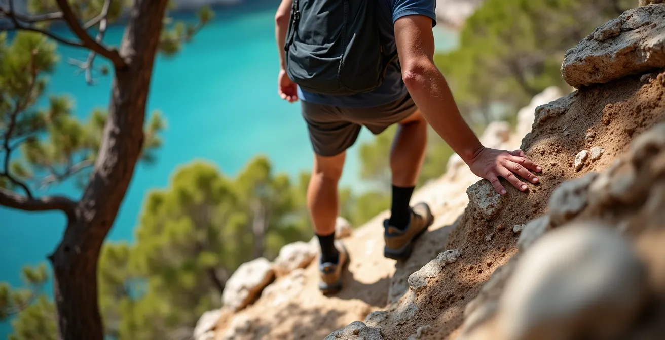 Randonneur utilisant ses mains pour descendre le passage technique du Portalet vers la calanque d'En-Vau
