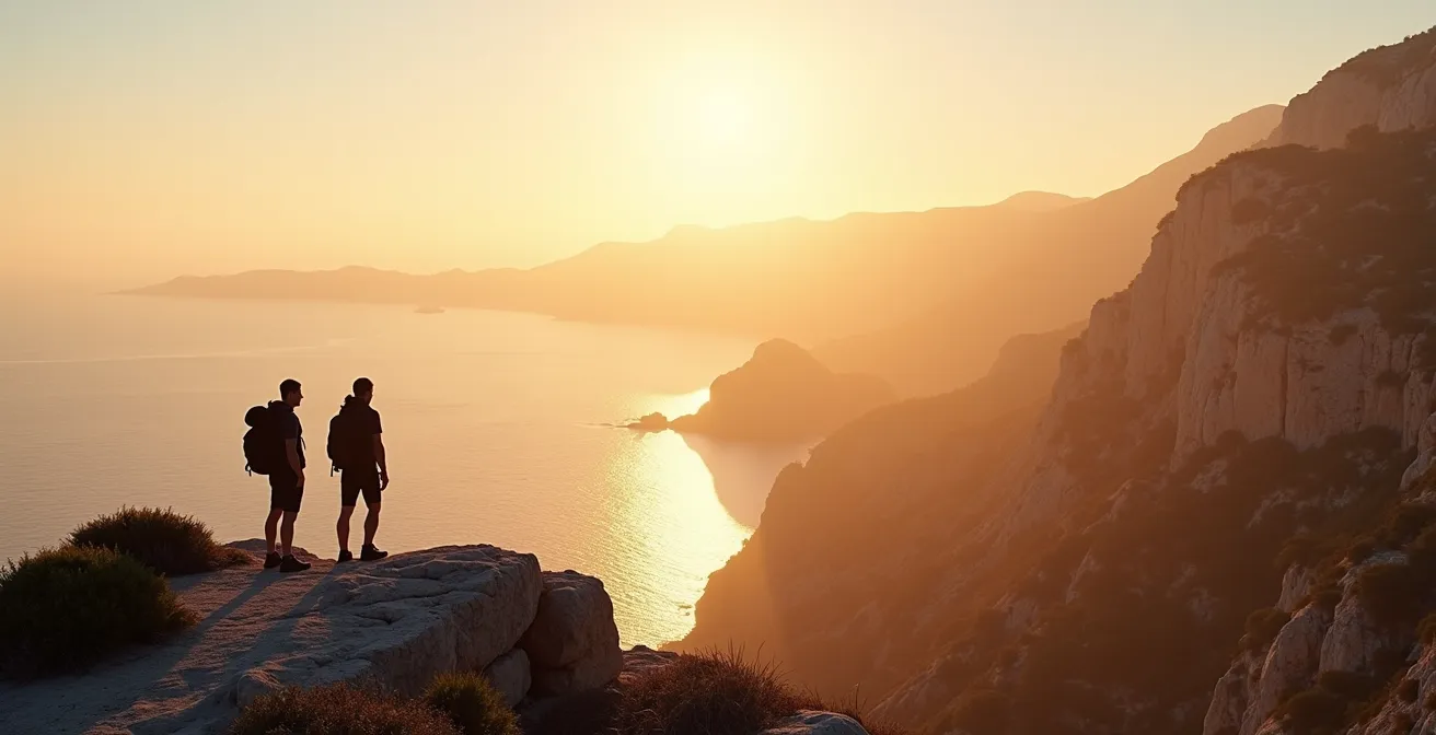 Silhouettes de randonneurs contemplant les calanques depuis un promontoire rocheux à l'aube