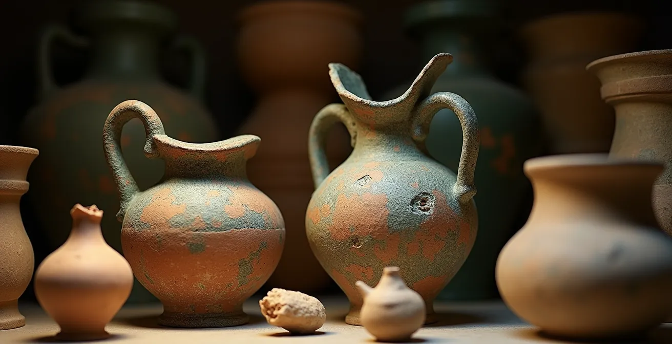 Vue des réserves d'un musée marseillais avec objets d'art et archives sous éclairage tamisé