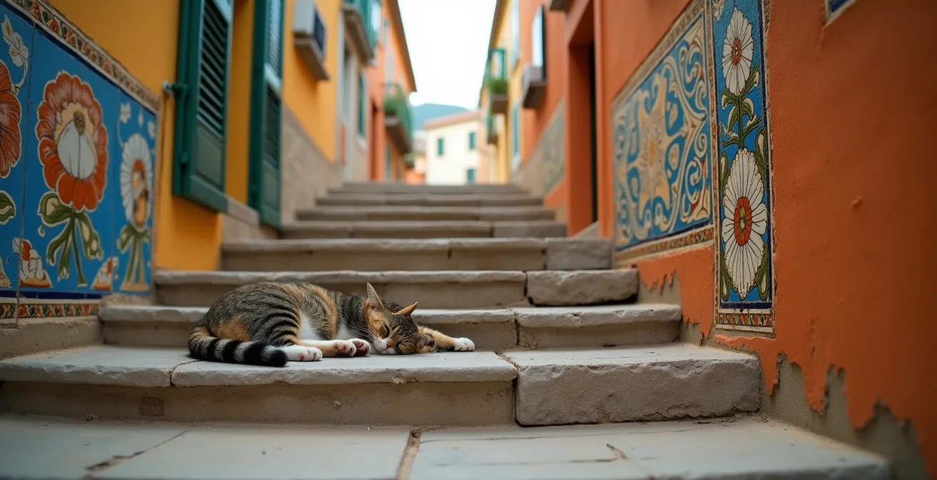 Placette tranquille dans le quartier du Panier avec façades colorées et chat sur les marches