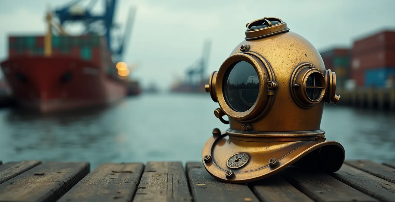 Équipement de scaphandrier historique exposé avec le port de la Joliette en arrière-plan