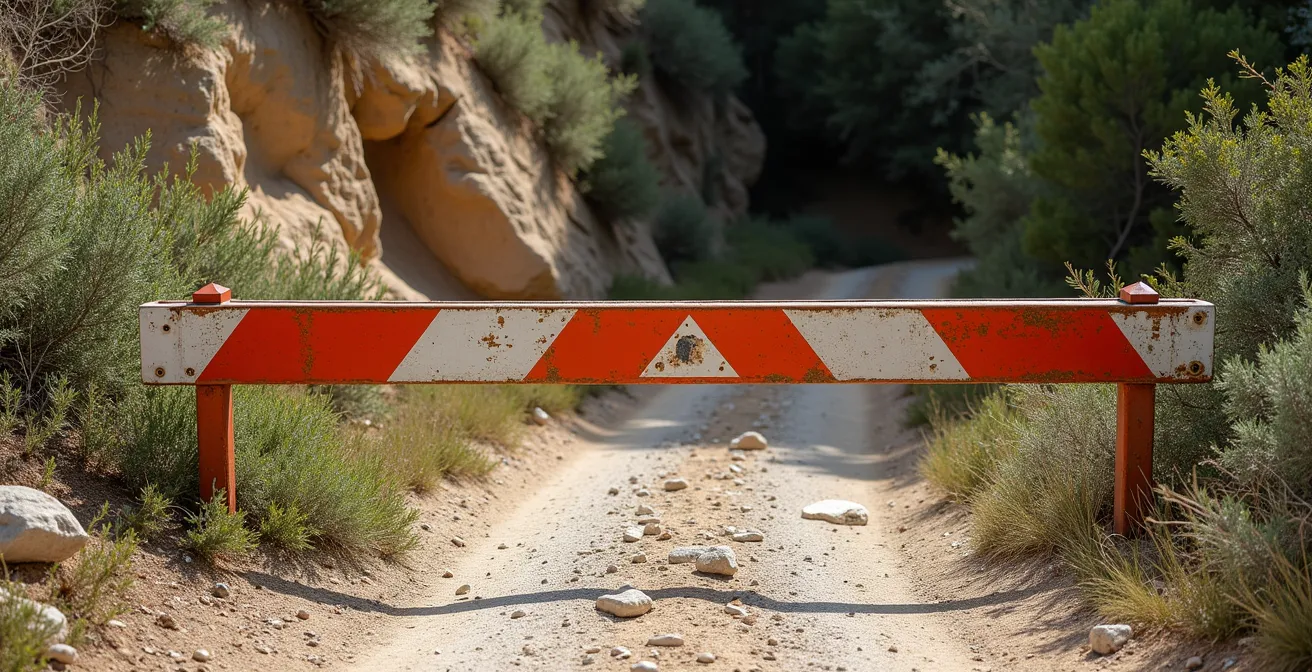 Barrière de sécurité bloquant un sentier érodé dans les Calanques avec panneau de fermeture