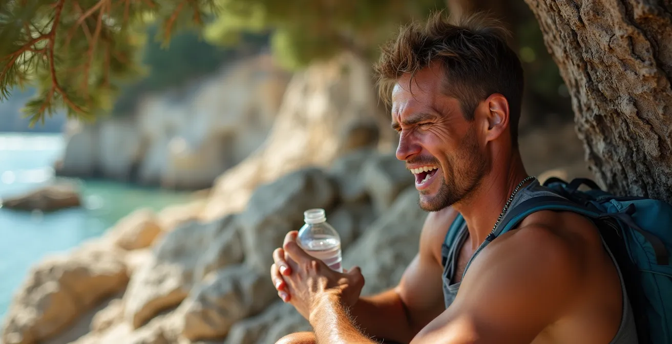 Randonneur à l'ombre d'un pin parasol dans les Calanques, se protégeant du soleil intense