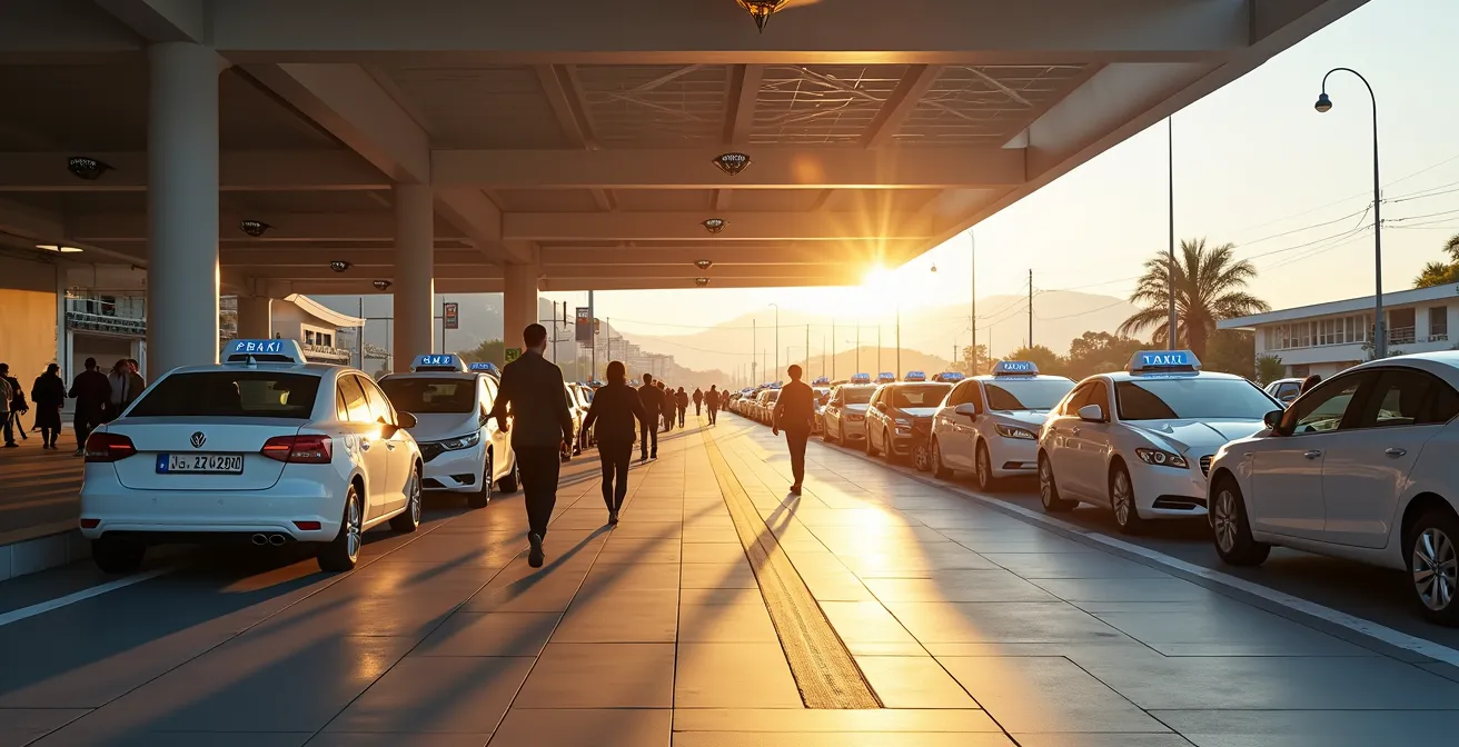 Station de taxi officielle avec file d'attente ordonnée devant une gare
