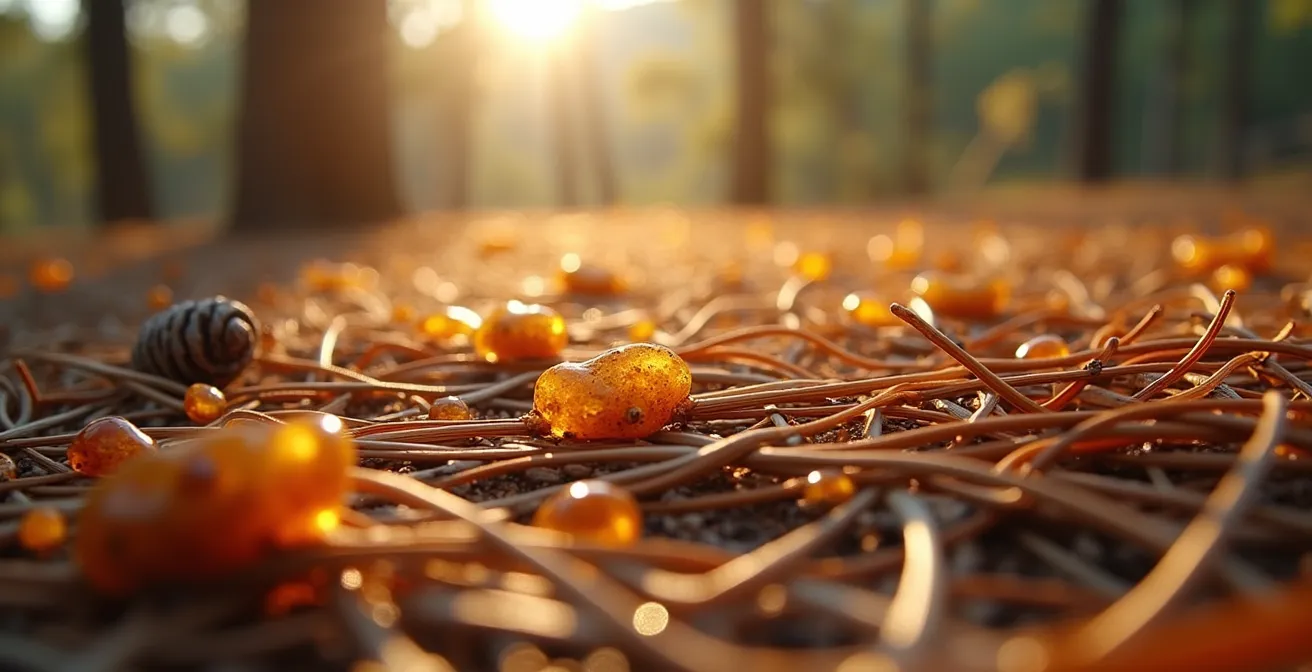 Gros plan sur un tapis d'aiguilles de pin sèches avec gouttes de résine brillantes