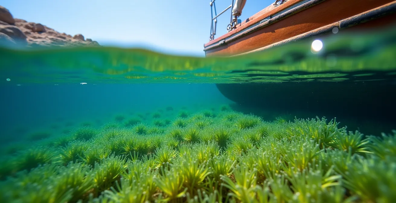 Vue sous-marine montrant un bateau amarré avec la technique marseillaise, ancre au large et amarres sur rocher, préservant les herbiers de posidonies