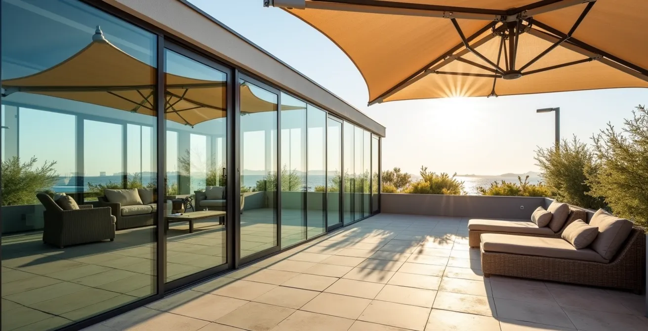Terrasse de rooftop marseillais avec protections en verre contre le Mistral et vue sur la ville