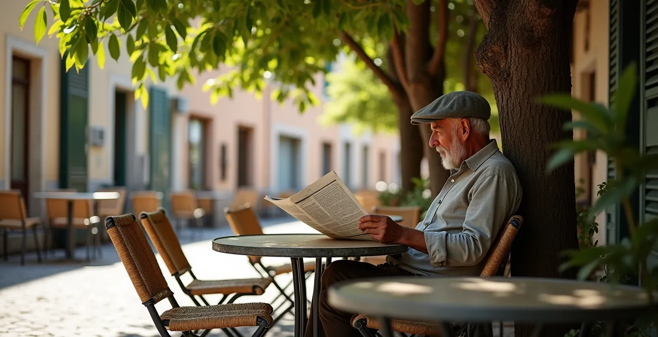 Terrasse ombragée d'un bistrot sous un platane avec tables en métal et chaises paillées
