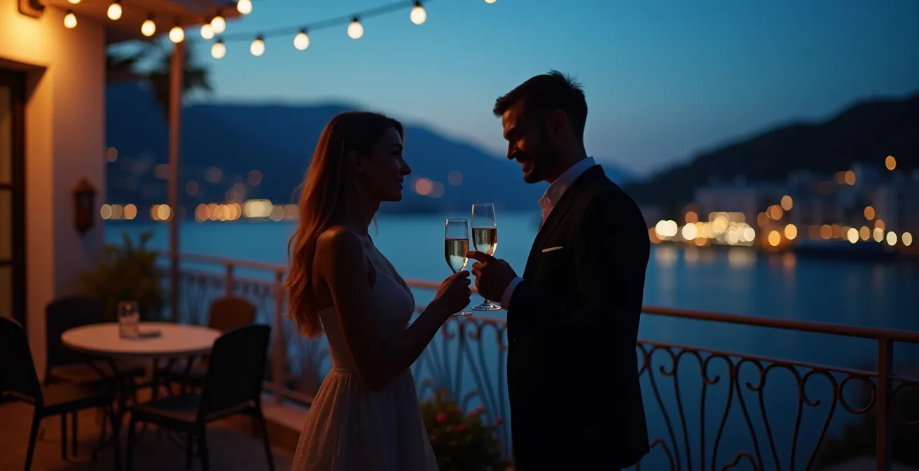 Terrasse d'hôtel avec vue panoramique sur le Vieux-Port de Marseille préparée pour le feu d'artifice