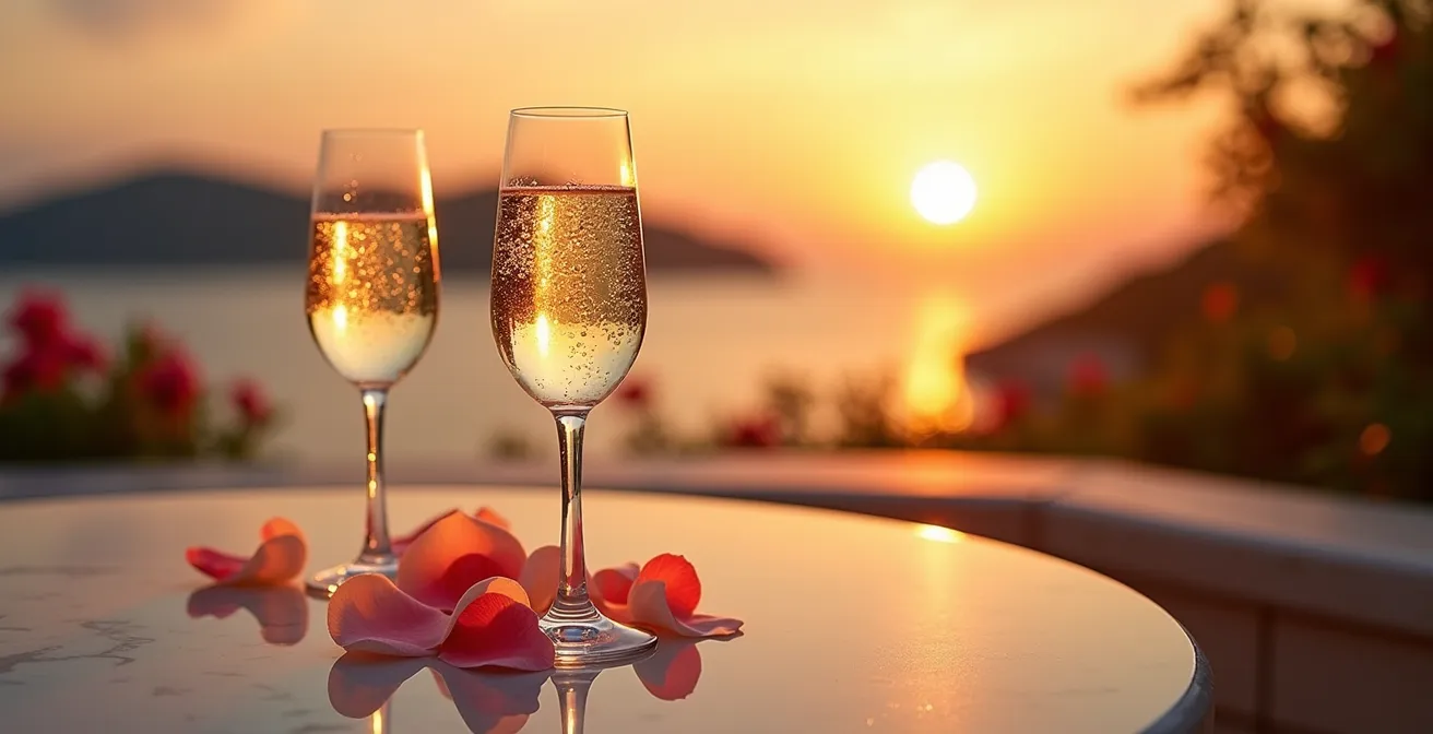 Terrasse privée d'une suite de luxe au coucher du soleil avec vue sur les îles du Frioul