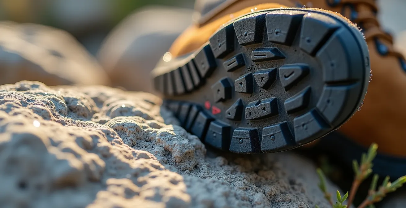 Gros plan macro sur semelle de chaussure de trail montrant les crampons profonds sur rocher calcaire