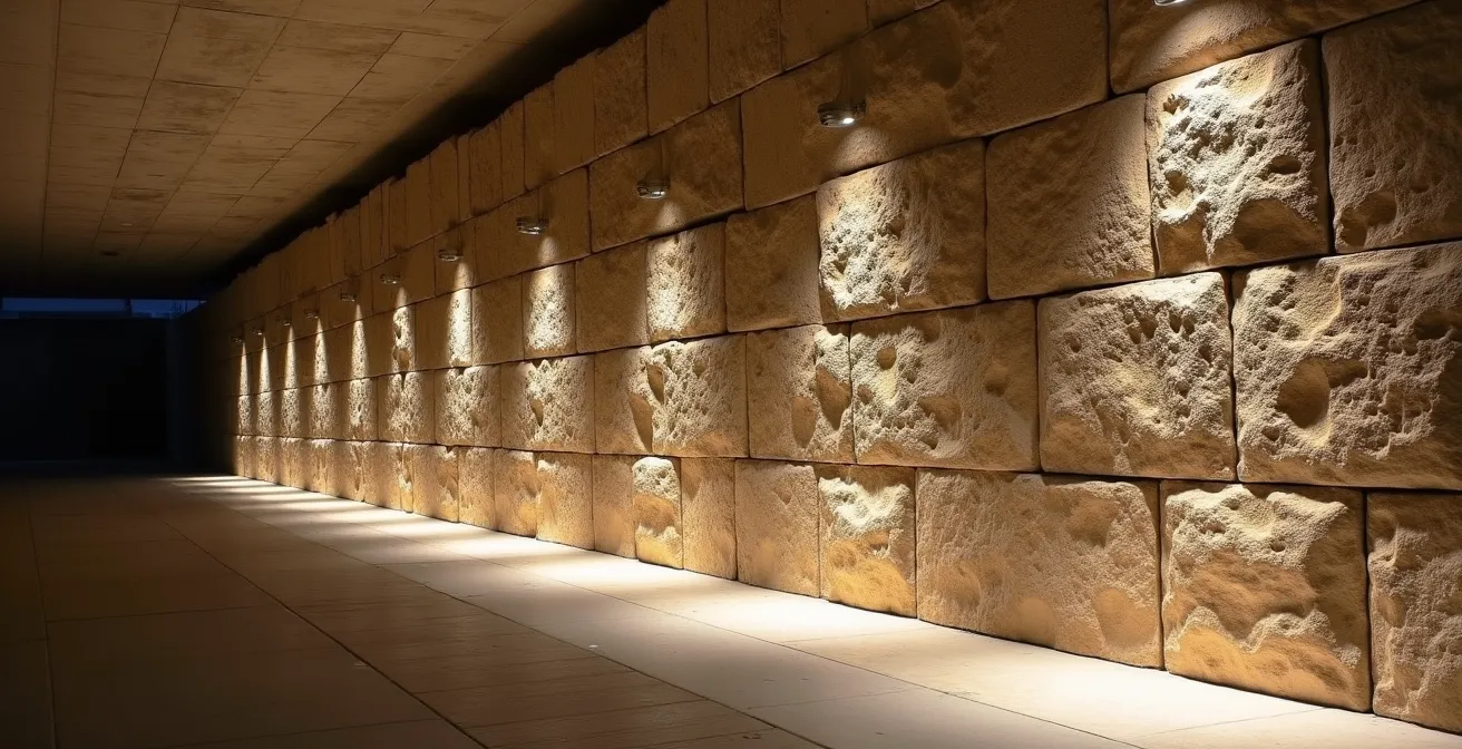 Vue détaillée des remparts grecs du VIe siècle conservés dans le parking du Centre Bourse