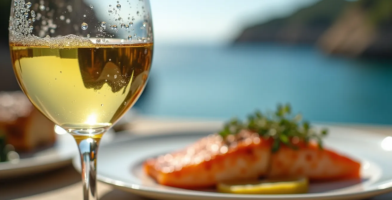 Verre de vin blanc de Cassis sur une table avec vue sur les calanques et un plat de poisson grillé