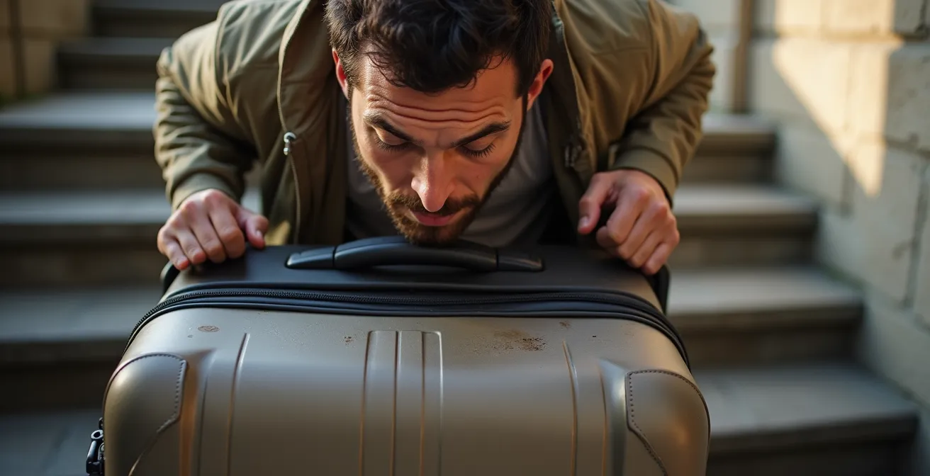 Voyageur utilisant la technique de portage sécurisé pour descendre une valise dans un escalier