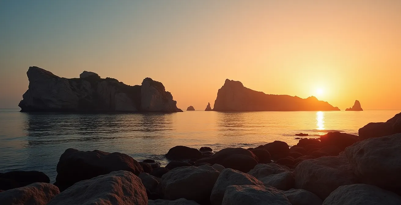 Silhouette des îles de Riou au coucher de soleil depuis la côte marseillaise