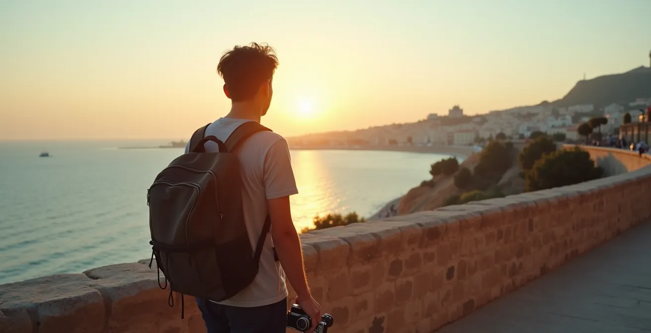 Photographe solitaire contemplant le panorama de Marseille depuis les remparts du Château d'If