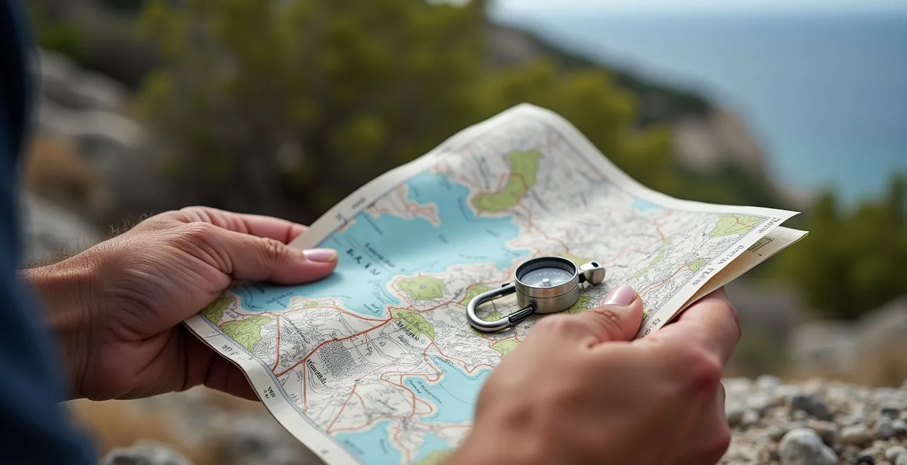 Randonneur consultant une carte IGN papier sur un promontoire rocheux dans les Calanques