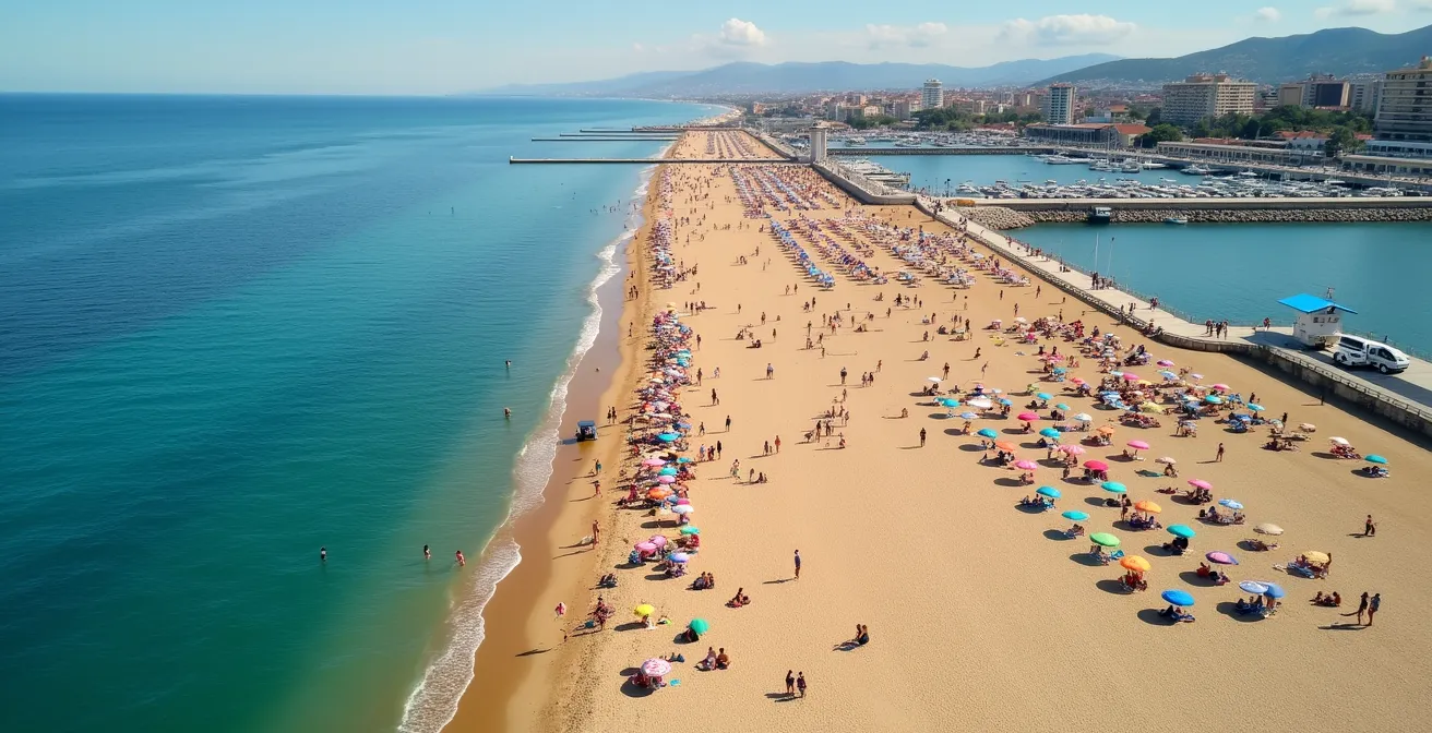 Vue aérienne montrant les différentes zones de la plage de la Pointe Rouge avec densité de fréquentation