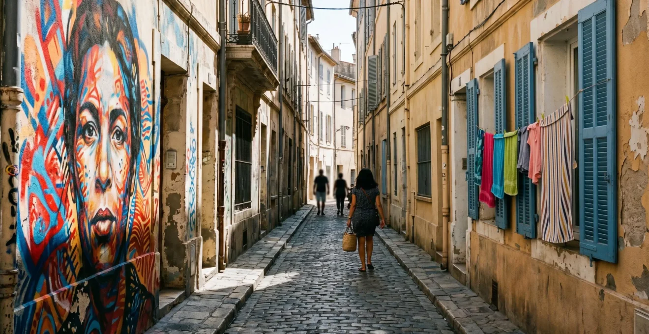 Ruelle colorée du quartier du Panier à Marseille avec street art vibrant sur les façades et linge qui sèche aux fenêtres