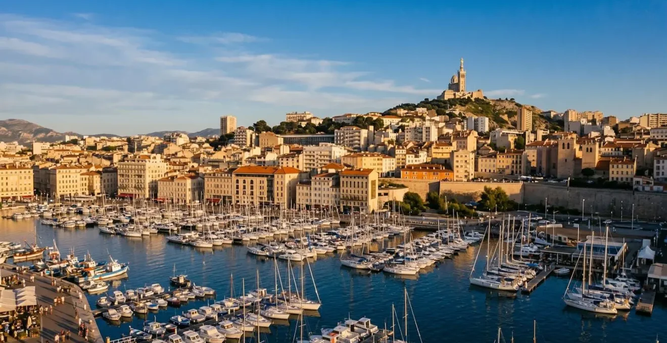 Vue panoramique aérienne du Vieux-Port de Marseille avec bateaux, immeubles colorés et basilique Notre-Dame de la Garde au coucher du soleil