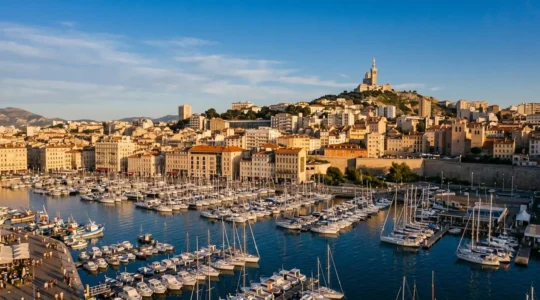 Vue panoramique aérienne du Vieux-Port de Marseille avec bateaux, immeubles colorés et basilique Notre-Dame de la Garde au coucher du soleil